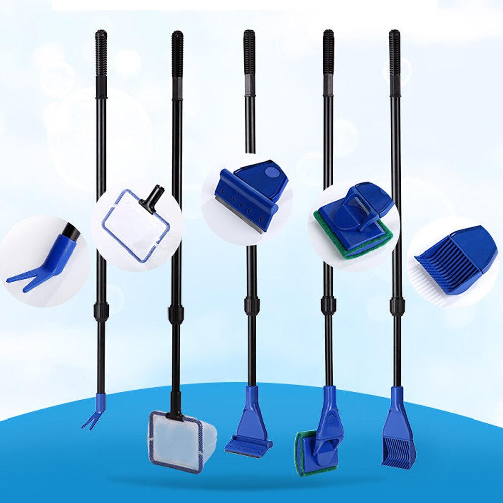 5In1 Aquarium Cleaning Tools Set Fish Tank Net Gravel Rake Algae Scraper Fork Sponge Brush Glass Cleaner 54-80cm Telescopic Pole: Default Title