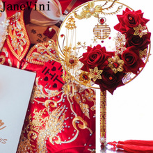 JaneVini Luxe Gouden Bloemen Fan Ronde Rode Roos Kunstmatige Bruidsboeket Chinese Stijl Parel Kralen Wedding Boeket Bruid Fans