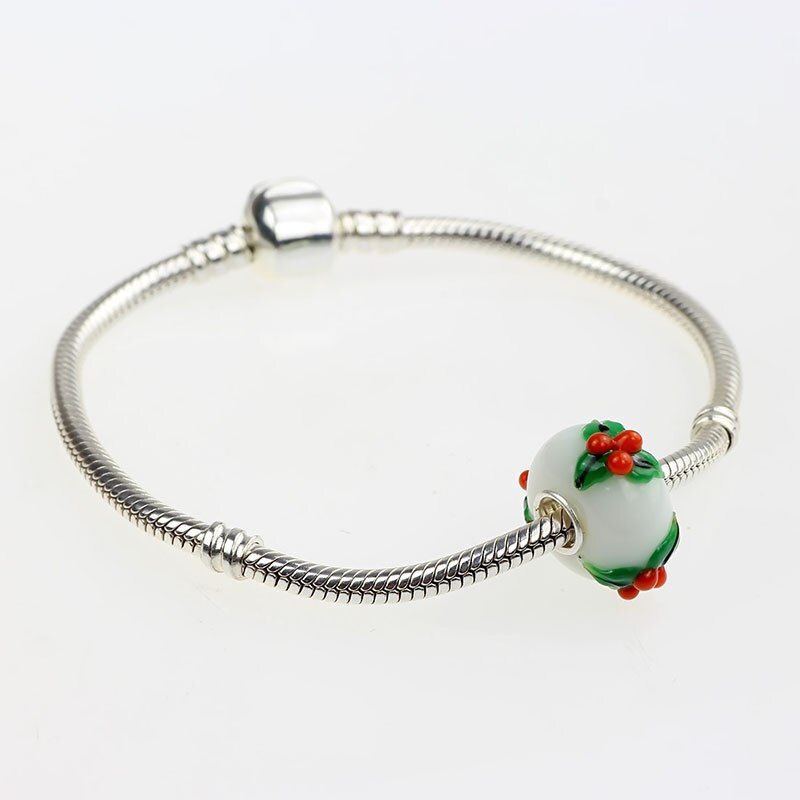 925 breloques colorées en argent sterling à gros trou en forme de couronne de noël, perles en verre adaptées aux bracelets européens