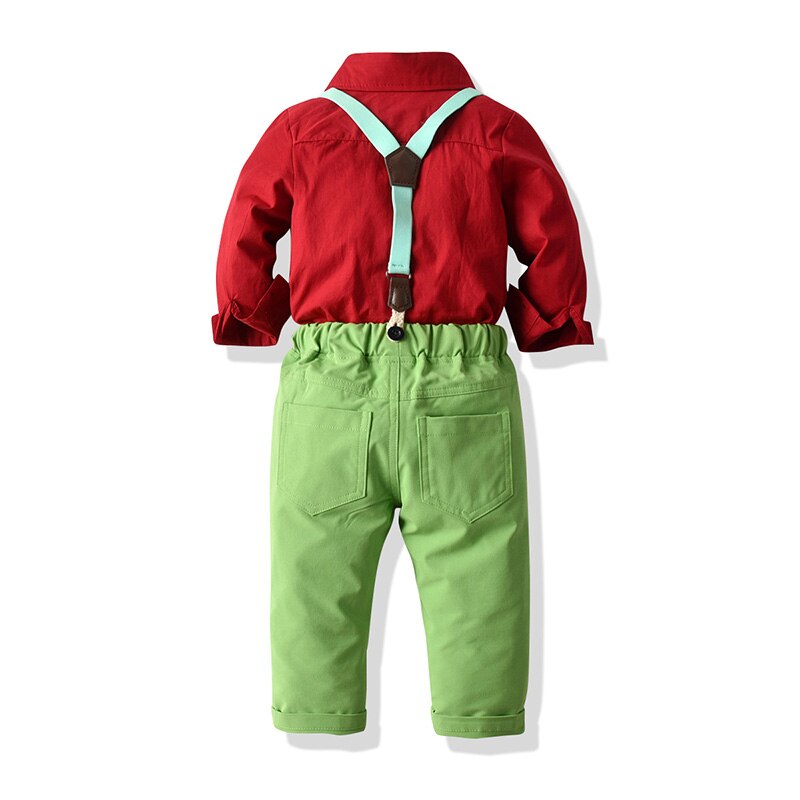 Crianças natal algodão vermelho de manga comprida arco lapela camisa verde alça de ombro calças festa terno 2-8 anos de idade confortável