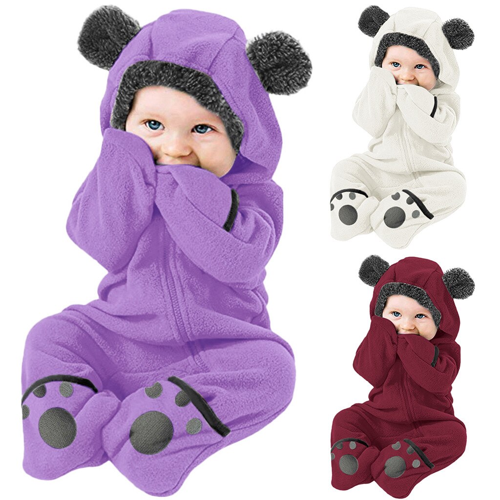 Herfst & Winter Baby Baby Meisjes Jongens Solid Cartoon Romper Broek Print Fleece Oren Hoodie Romper Kleding Jumpsuit
