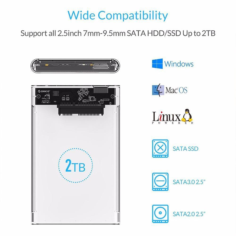 2.5 inch Transparent USB3.0 to Sata 3.0 HDD Case Tool Free 5 Gbps Support 2TB UASP Protocol Hard Drive Enclosure