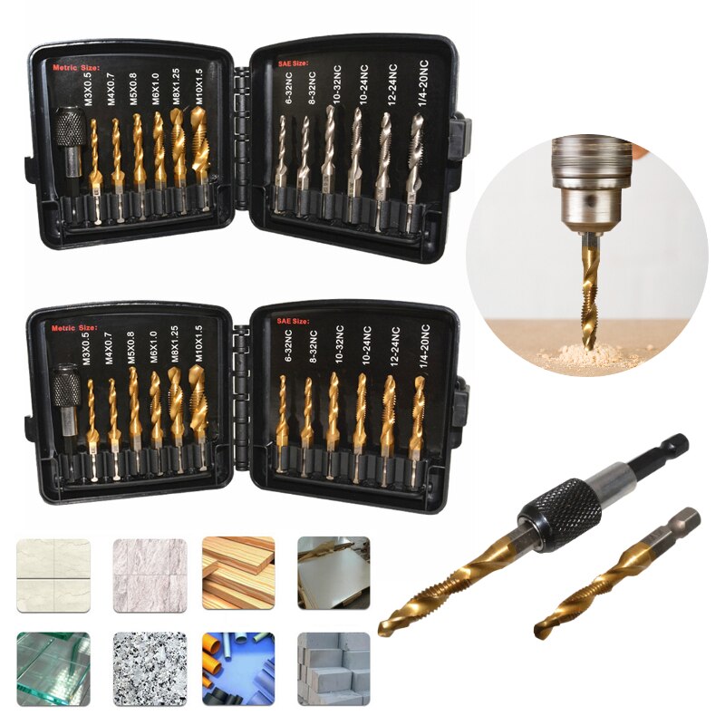 13pcs Tap Thread Metric Thread Tap Drill Bits Set M3-M10 Hex Shank Drill Bit Plated Screw Compound Tap and Drill Hand Tool Sets