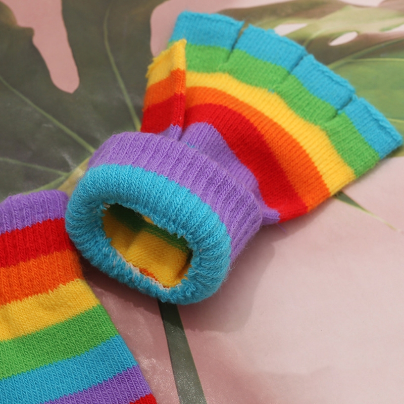 Unisex Half Finger Gloves Rainbow Colored Winter Stretchy Knit Fingerless Typing Gloves for Office School Students
