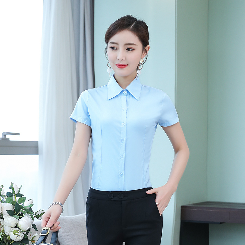 Camisa blanca de coreana para mujer, blusa de manga corta de otoño, Tops ajustados para oficina para mujer, camisa para estudiante de S-5XL, ropa para mujer: S / Azul cielo