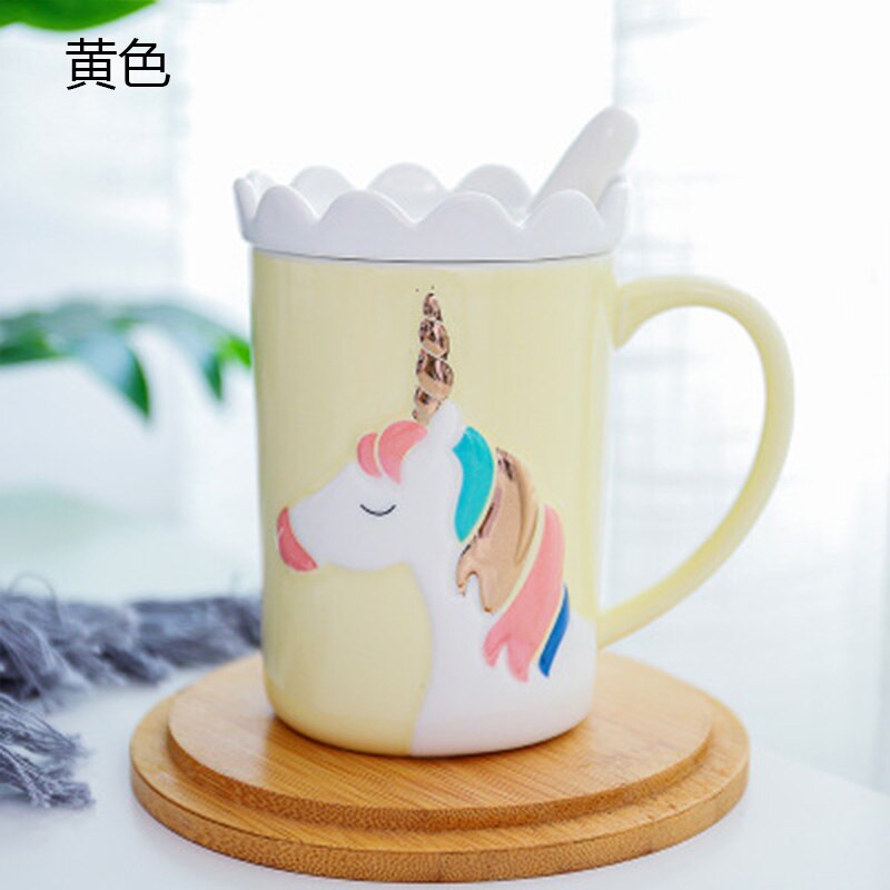 Holaroom Kreative Einhorn Kaffee Becher Milch Kaffee Tee Trinken Tasse Praktische Keramik Tasse Mit Löffel Und Krone Deckel Getränk 350ml: Gelb