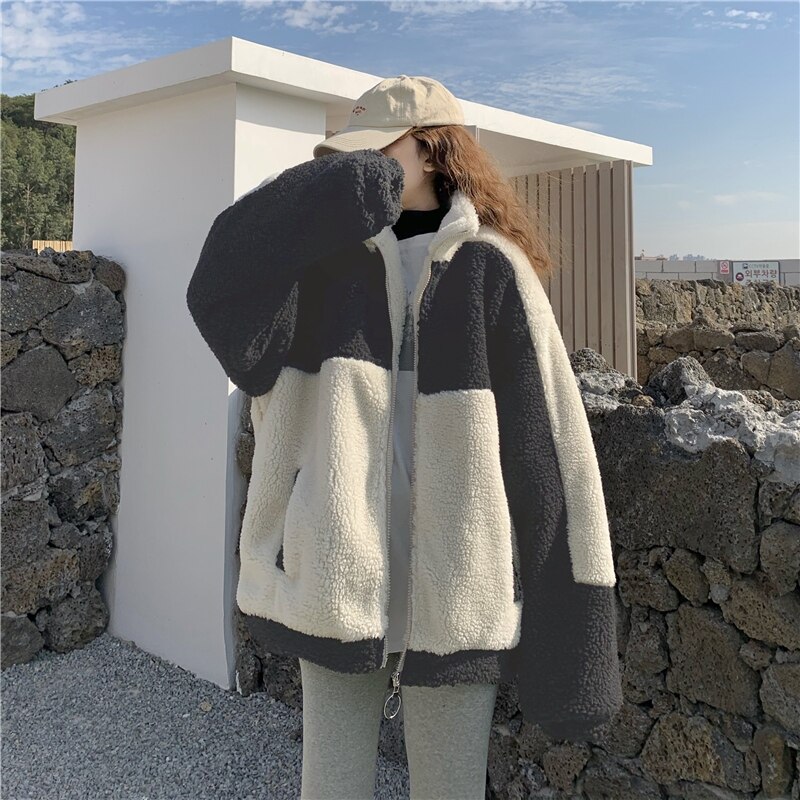 Imiteret pels frakke kvinder efterår vinter varm blød lynlås pels patchwork jakke kvindelig plys overfrakke lomme afslappet outwear