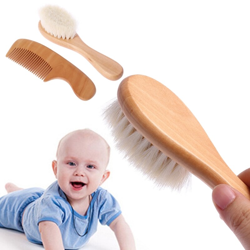1 Set Baby Brush Comb Hair Head Massage Wooden Handle Wool Newborn Kids Care Kit 72XC