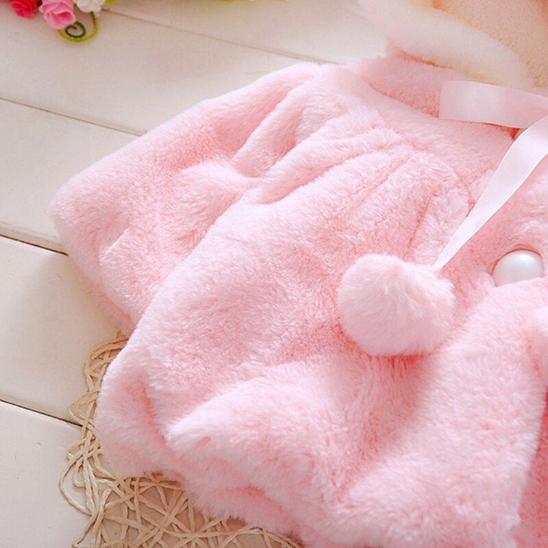 Manteau à capuche avec fourrure de lapin pour bébé fille, veste chaude et épaisse, rose et blanc, 0-4T