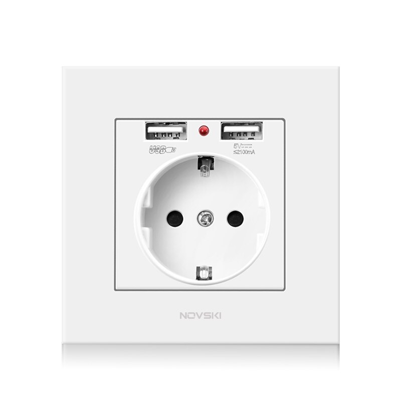 German Russian Wall Socket Grounded Dual USB 5V 2.1A Port Adapter Charging Wall Power Outlet Socket 86*86mm NOVSKI