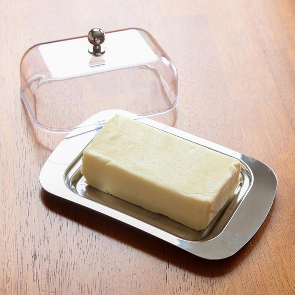 Stainless Steel Butter Dish Box Container Cheese Server Storage Keeper Tray with Transparent Sealing Lid For Cheese cake Board
