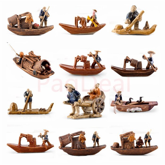 Small Ceramic Fishing Boat Fishman Figurine Craft Landscape Aquarium Fish Tank Garden Pot Plant Fairy Chinoiserie Decor Ornament