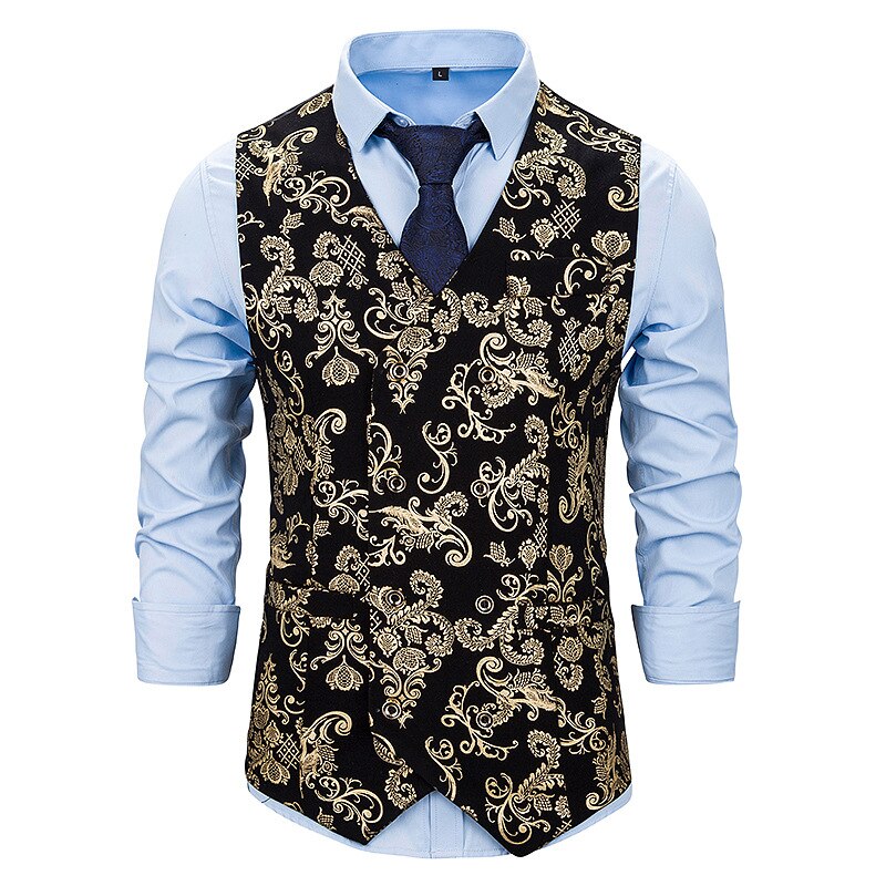 Vest Men Double-breasted Classic Golden Silver Bronzing Paisley Jacquard Silk Waistcoat Vests Party wedding Vest Suit: Gold / S