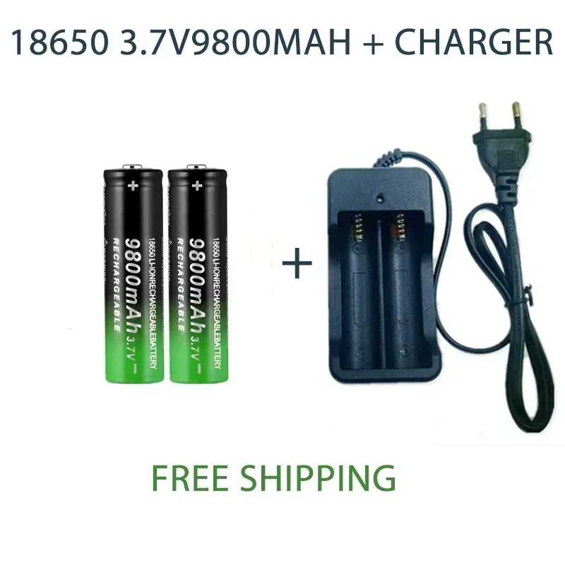 18650 Rechargeable Battery 3.7V 9800mAh Li-ion for Flashlight Torch with Charger High Capacity Portable Power Cell: black
