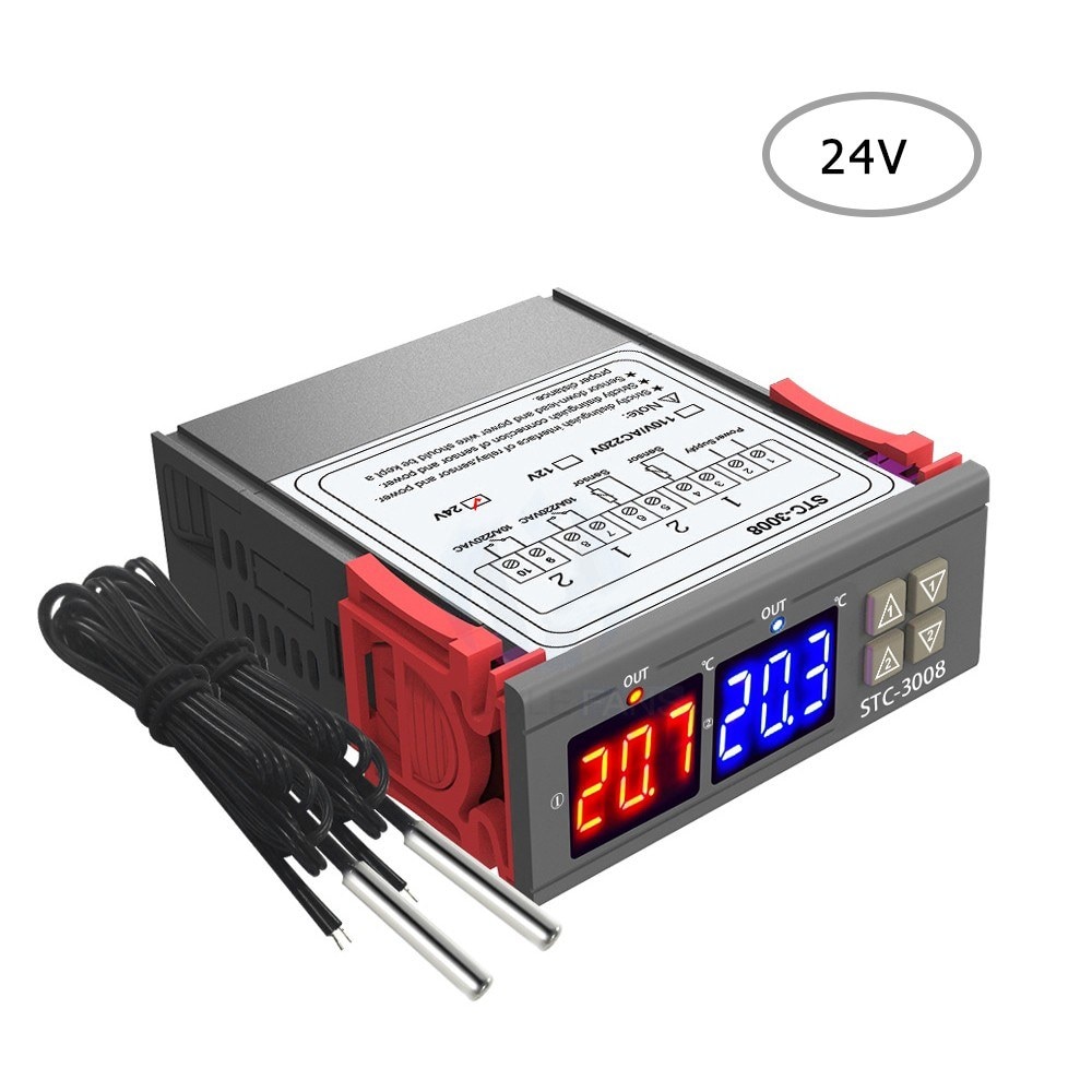 Dual Digital Display Thermostat Temperature Regulator Temperature Controller Double NTC Probe Heater Sensor Two Relay Output 24V