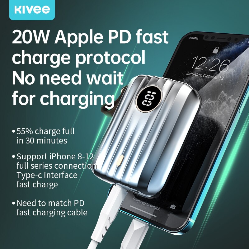 Kivee 22.5W Power Bank Wite Led 10000mAh Portable Fast Charging Powerbank Type C Qucik Charge Poverbank External Battery Charger