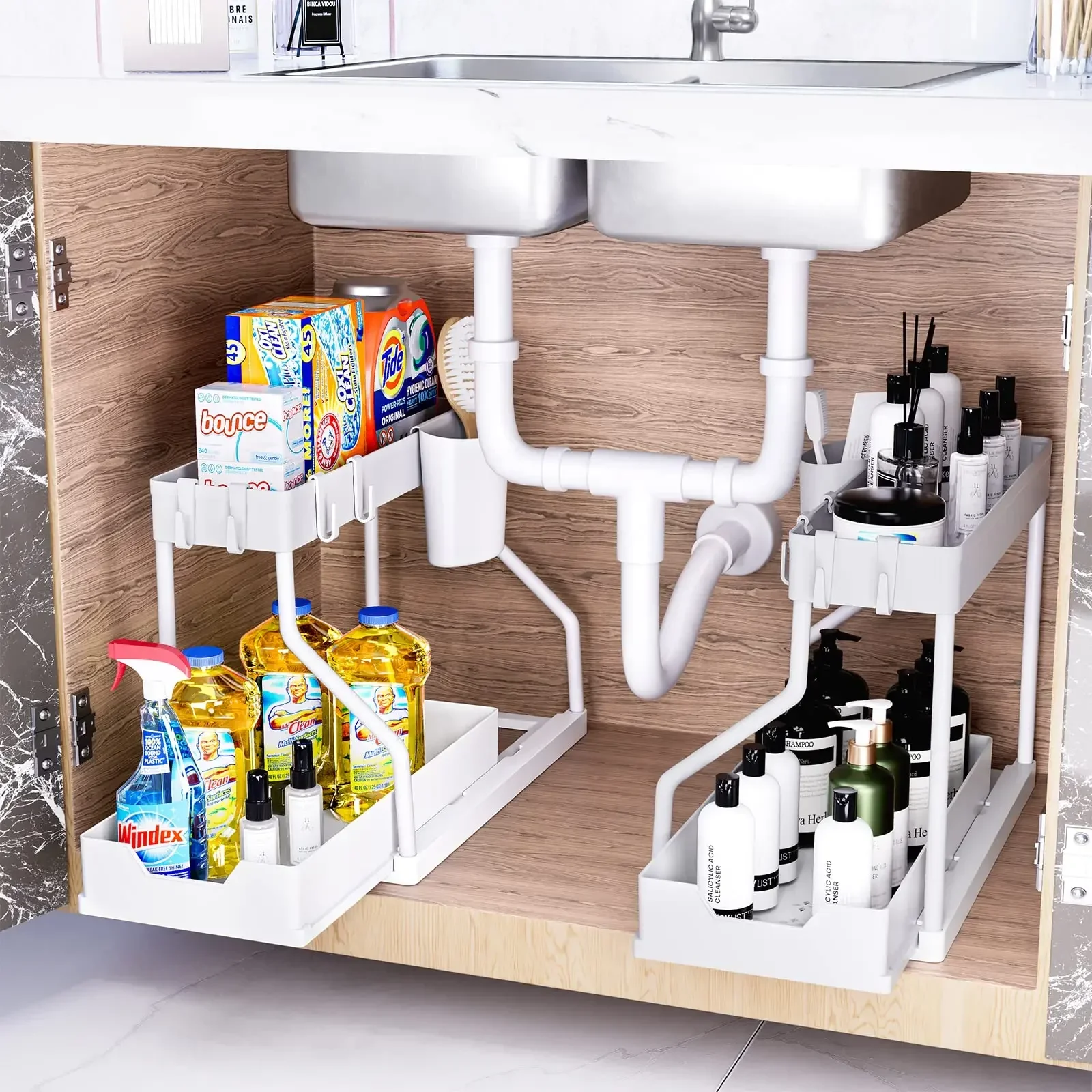 Keukenopslag onder gootsteen organisator 2-laags uittrekbare multifunctionele lade plank organisator badkamer desktop kast rek