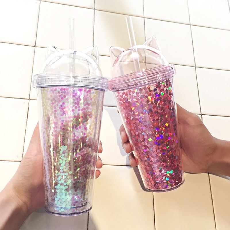 Plastic Beker Met Stro Sequin 420Ml Dubbele Laag Water Fles Leuke Kat Oor Glitter Water Cup Voor Meisjes