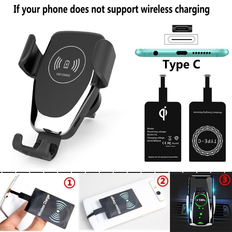 Cargador inalámbrico de coche Qi de 10W para iPhone11 XS Max XR X Samsung S10 S9 soporte de teléfono inteligente para coche para Xiaomi: Black For Type C