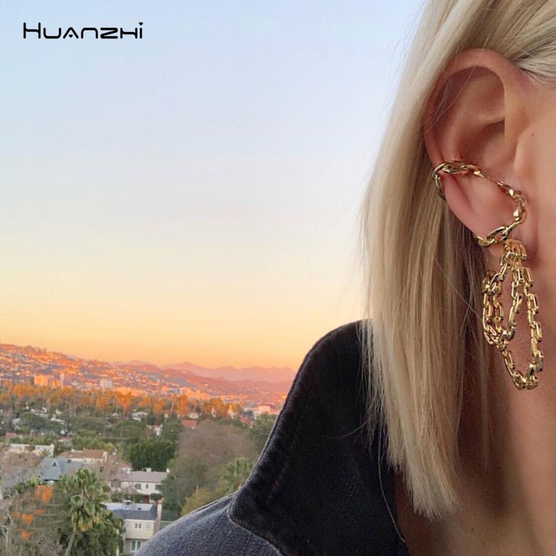 HUANZHI Geometric Chain Curved Metal Clip Earrings Ear Bone Clip Without Piercing for Woman Men Jewelry