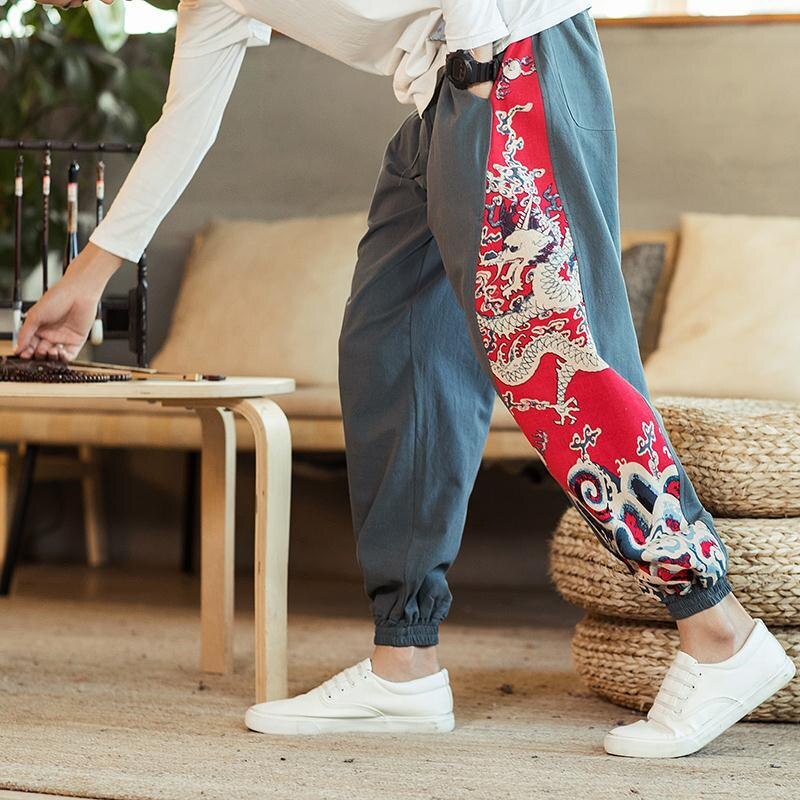 Jogger kinesisk stil print syning ni point bukser harem bukser forår mænds løse afslappede bukser personlighed tidevand
