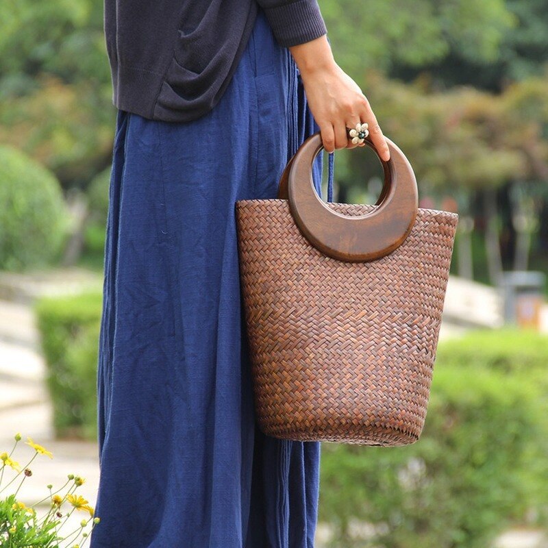 22 Stijl Strozak Rotan Houten Handvat Retro Geweven Zak Emmer Zak Grote Strand Tas