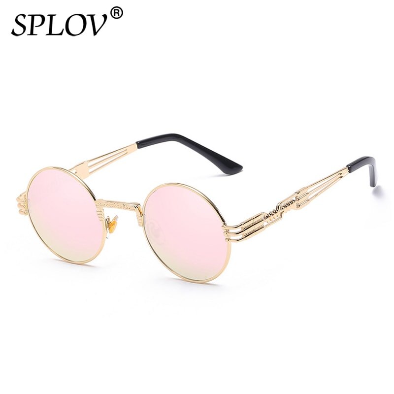 SPLOV Retro Steampunk Round Metal Sunglasses for Men and Women Double Spring Leg Colorful Eyewear UV400: N8 Gold BarbiePink