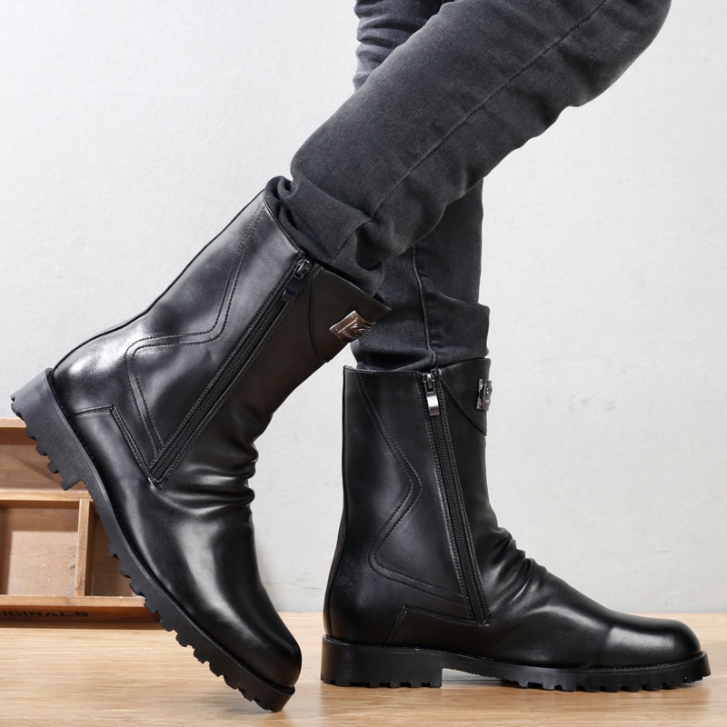 Botas de vaquero de italiana para hombre, calzado informal para moto, zapatos negros de cuero genuino para Otoño e Invierno