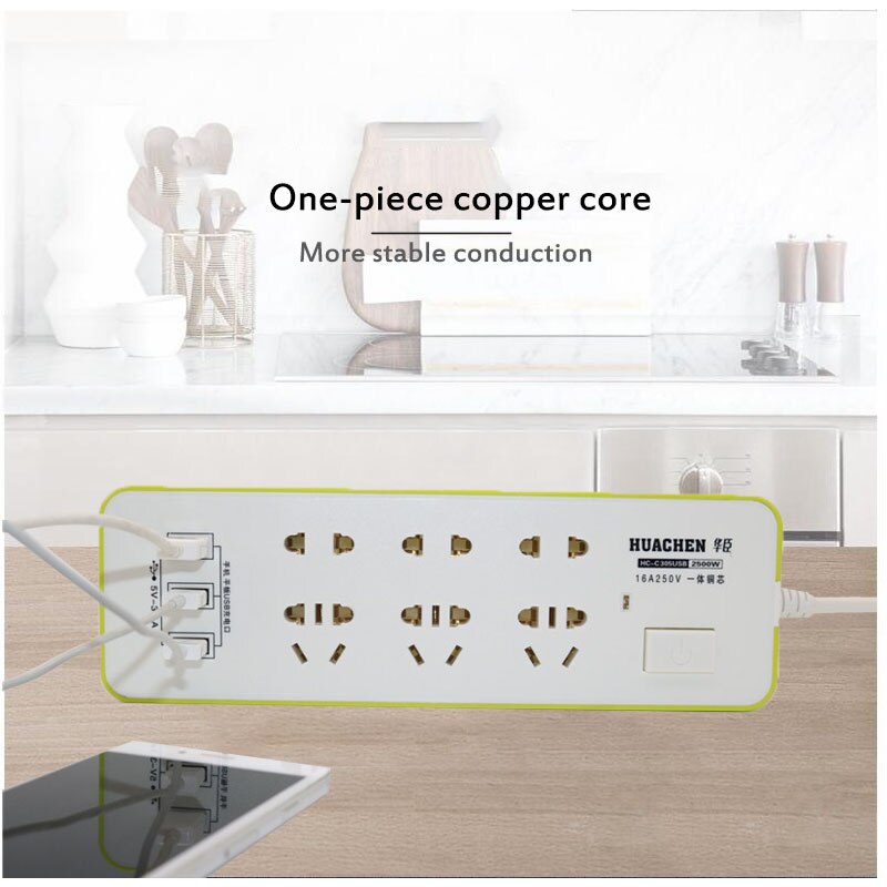 Extension Socket - 6 AC Outlets + 3 USB Ports - 3.1A Total - 1.8m Cord - 2500W Power Strip