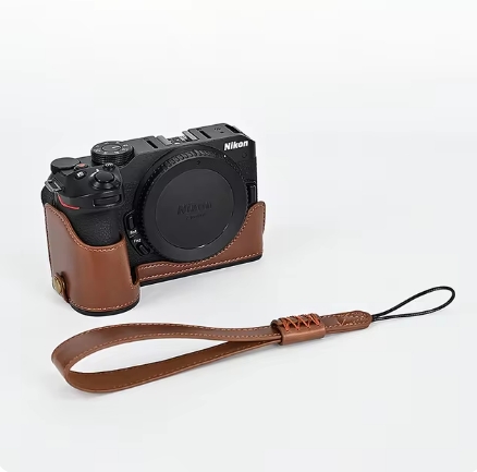PU Leather Camera Case Half Bag Body With Wrist Strap For Nikon ZFC Z30 Z50: light yellow