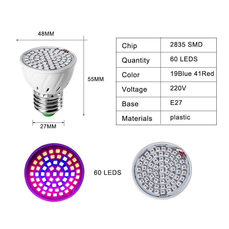 Bombillas LED de espectro completo para cultivo de plantas, 60/126/200 LED, lámpara de cultivo E27, Phytolamp para plantas de interior, Hydro Flower Veg Grow Tent