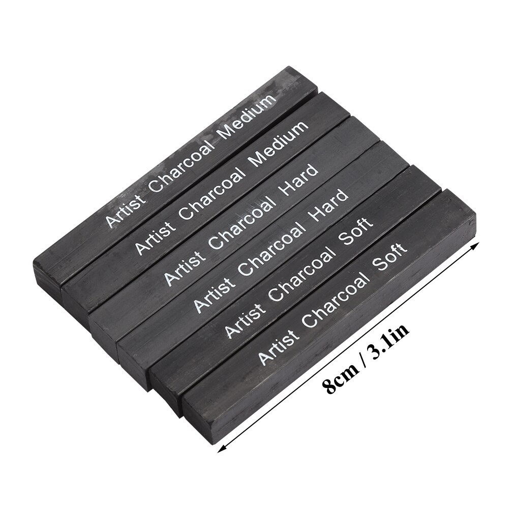 12Pcs Compressed Charcoal Sticks Black Square Soft/Medium/Hard Graphite Drawing Pencil Art Suppl