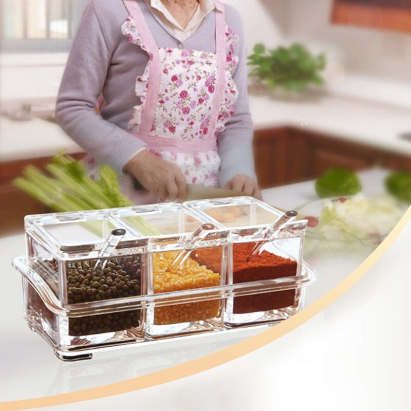 Estante de condimentos claro macetas de especias para el hogar caja de condimentos de acrílico recipiente de almacenamiento tarros de condimento Cruet con cubierta y cuchara