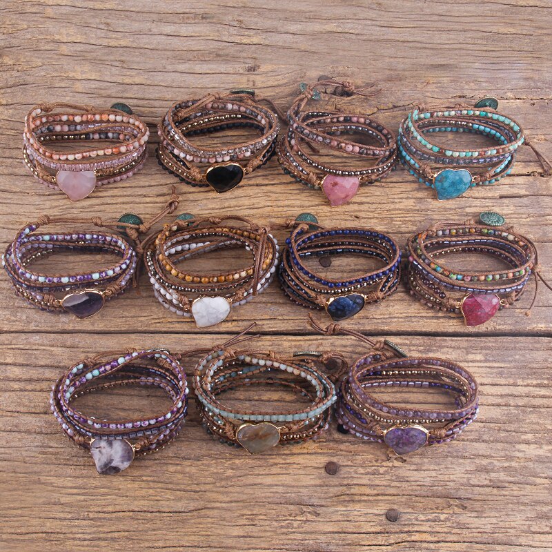 RH Handma-pulsera Bohemia con piedras naturales mezcladas, colgante de corazón, 5 pulseras de tiras, para mujer