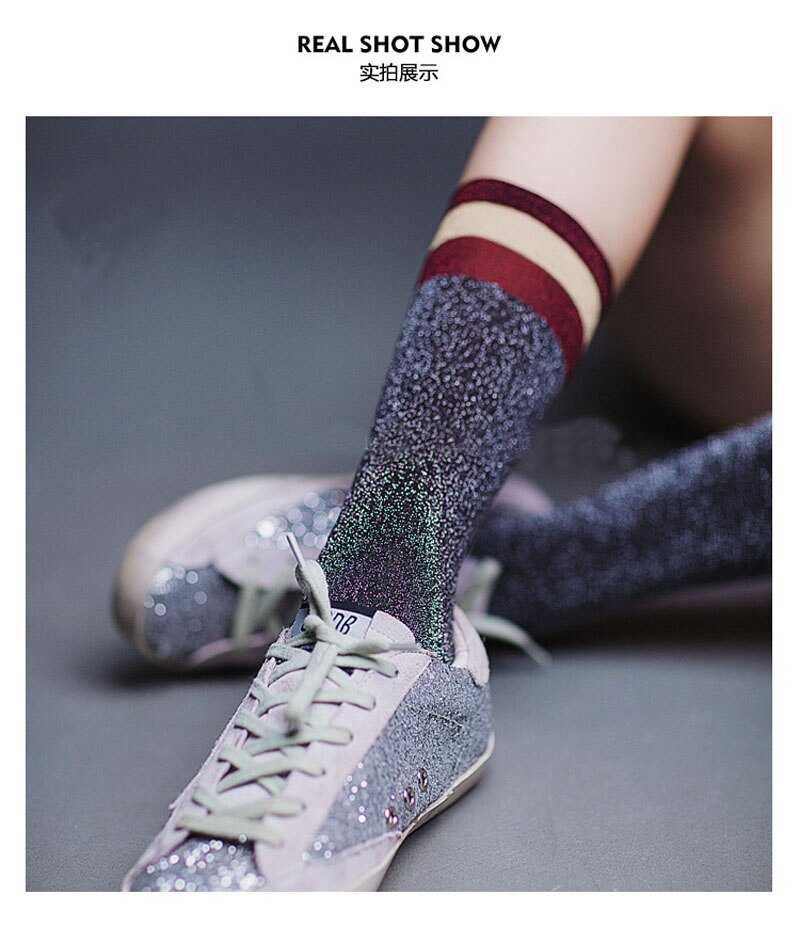 1 Para glänzend Lange Socken Herbst und Frühling neue funkeln silber Bördeln farbe streifen wild in Rohr Socken