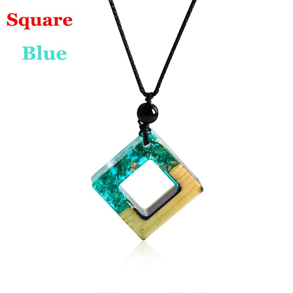 Handmade Resin Wood Pendant Necklace Wooden Vintage Carved Coin Necklace Medal Chain Double Layered Necklace Pendant Choker: Square  blue