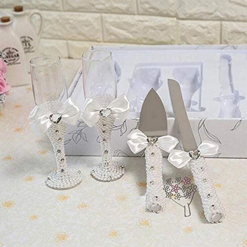 4Pcs Wedding Supplies Cake Knife Pie Server Set and Champagne Glasses Bride Groom for Banquet Birthday Decor Performance