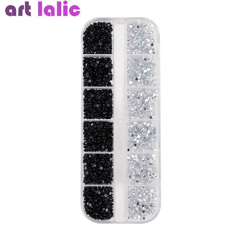 1.5 Mm + 2.0 Mm Nail Rhinestones Met Puntjes Pen Platte Bodem Helder Zwart Wit Glitters Container Case Diy Nail art Decoraties