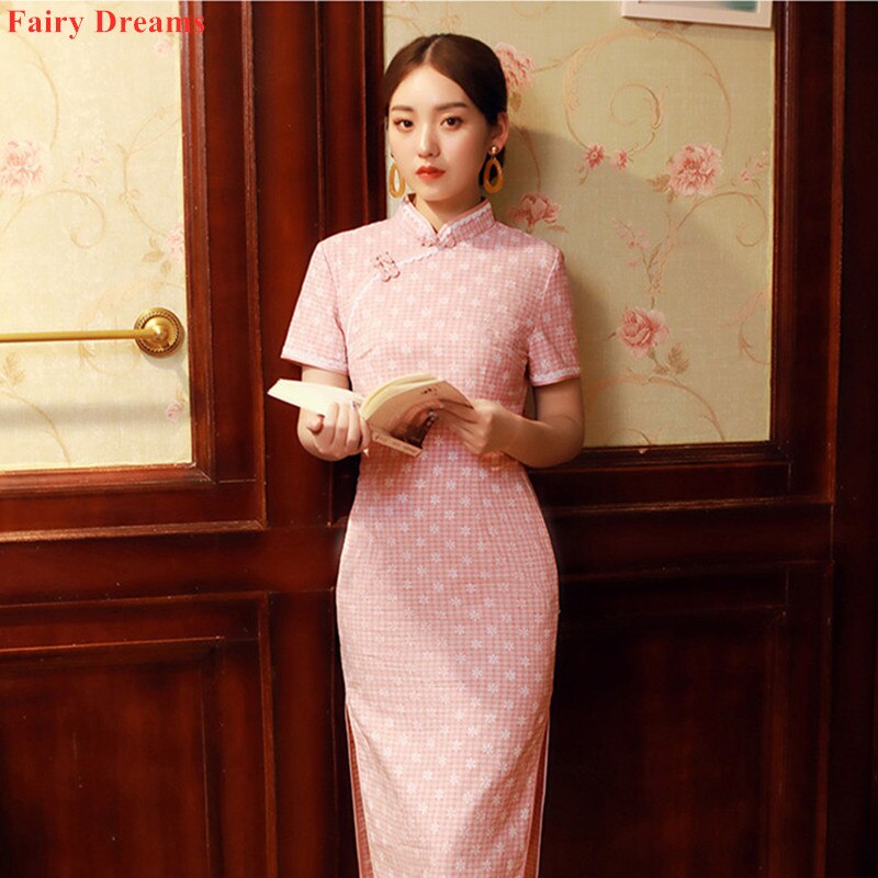Qipao-Vestido Chino de manga corta para mujer, Vestido rosa Cheongsam tradicional moderno, ropa Vintage de estilo Chino para verano
