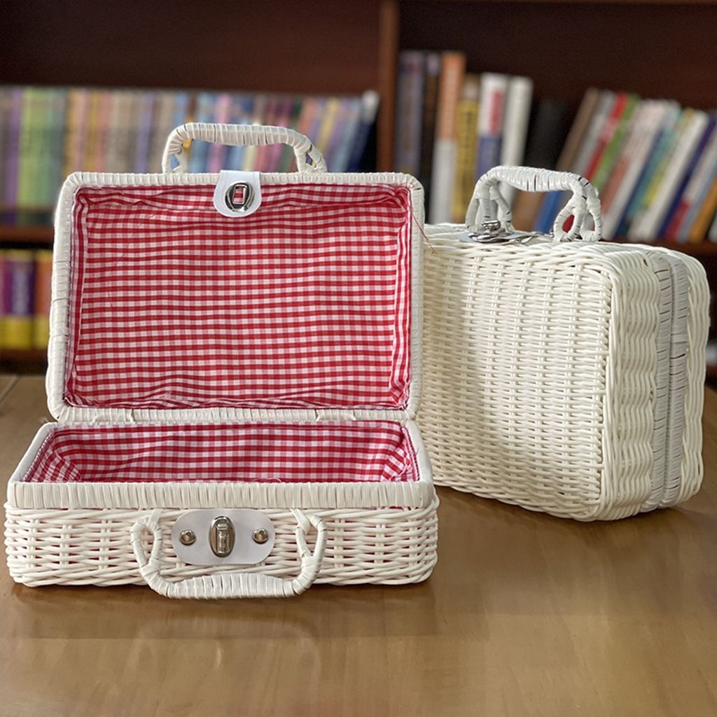 Bamboo Frame with Handle for Cosmetic,Clothes,Sundries Photograph Props Storage Basket Storage Box Rattan Suitcase: XXL / Pink