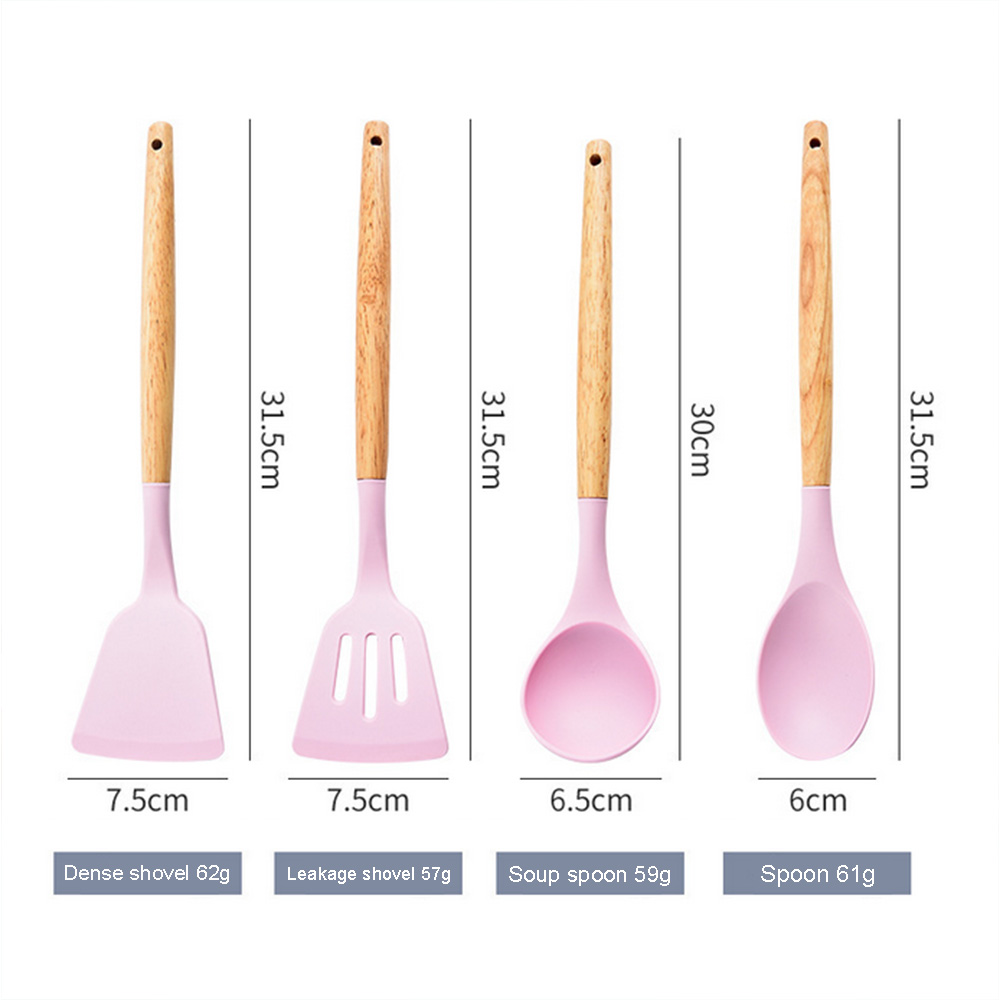 12 Stuks Siliconen Keukengerei Non-stick Kookgerei Keukengerei Set Spatel Schop Eikloppers Houten Handvat Koken Tool set