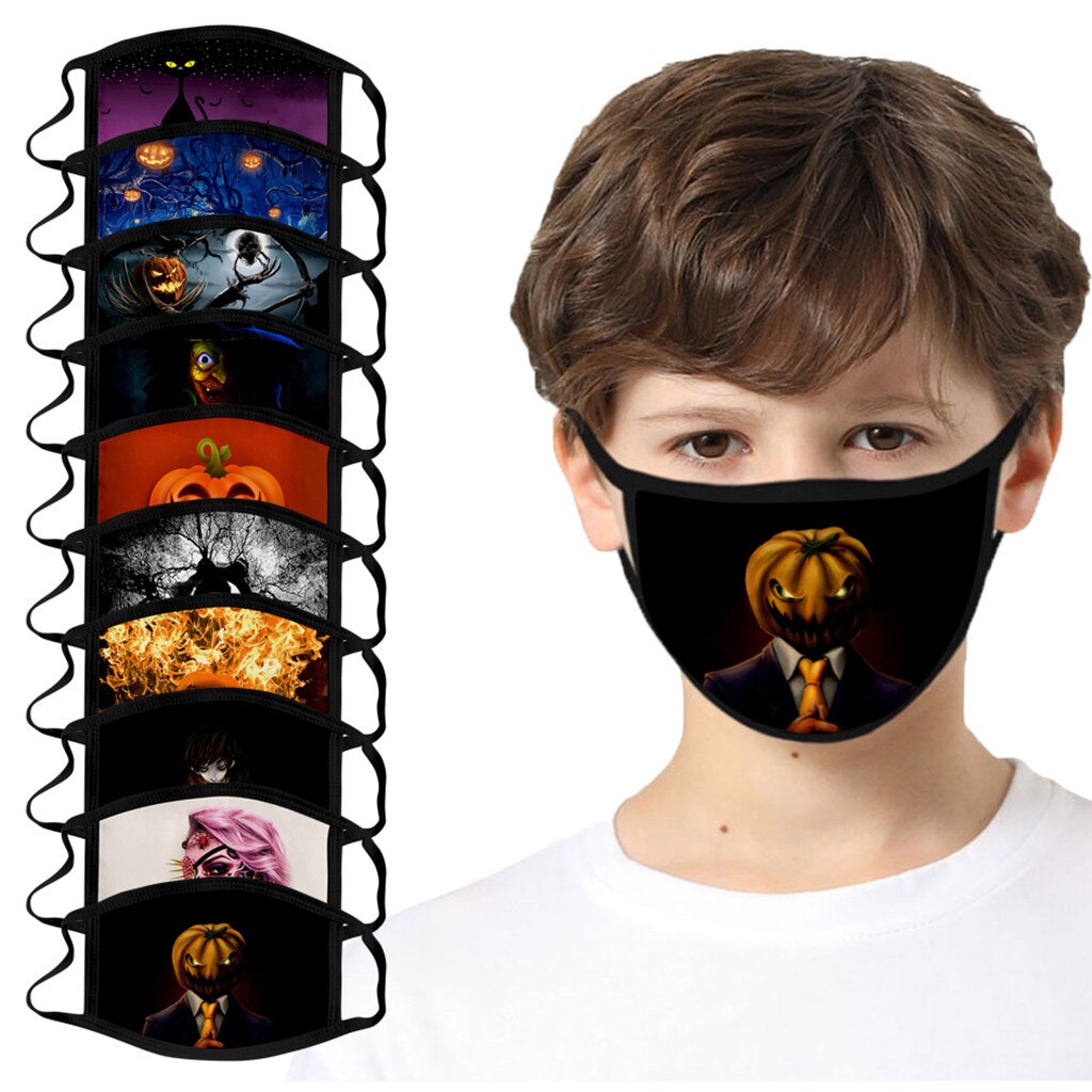 3Pcs 3D Halloween Print Kids Jongens Meisjes Gezicht Masker Ademend Mond Masker Mode Herbruikbare Wasbare Masker Cap