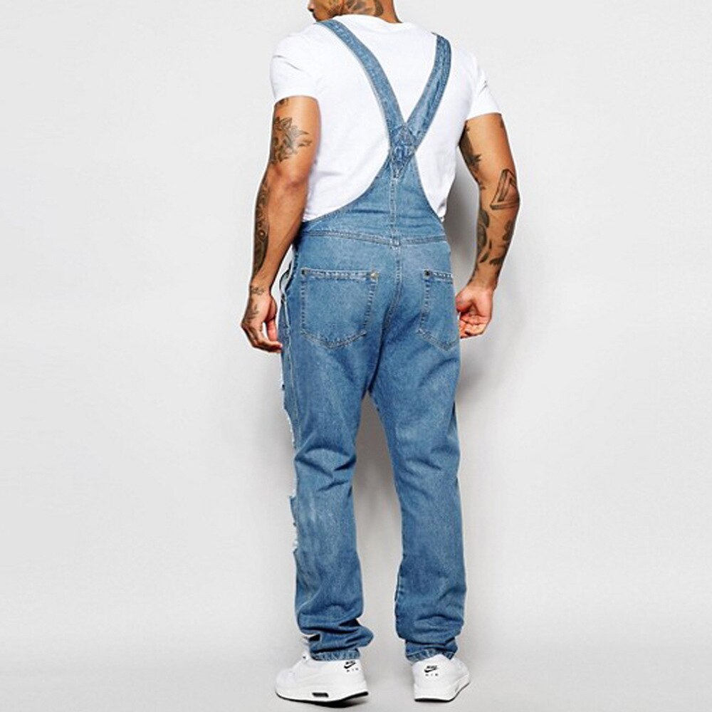 Denim Men Overalls Jumpsuits Streetwear Female Casual Jeans Washed Ripped Hole Pocket Loose Straight Pants Trousers Modis H40
