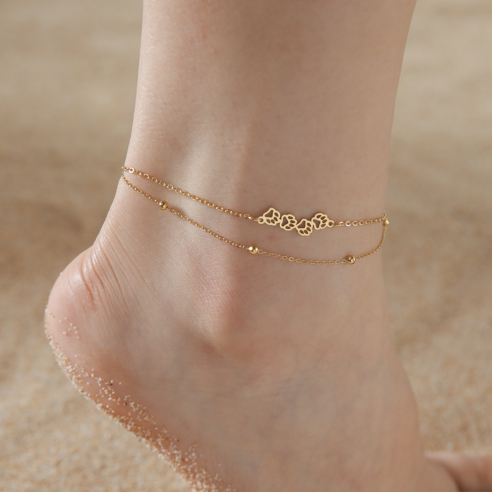 Cazador Animal Cat Dog Paw Anklets for Women Stainless Steel Double Layer Beads Foot Bracelet on the Leg Summer beach Jewelry: Blue white zinc plated