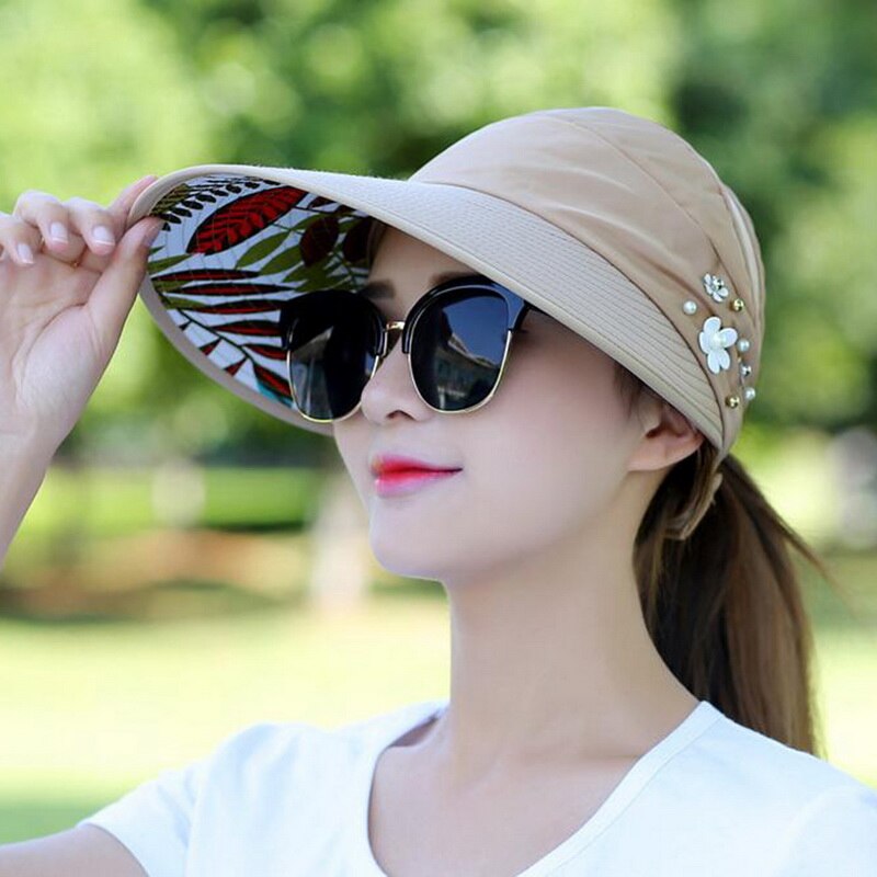 Dihope-sombreros para el sol y la playa para mujer, visera de perla empaquetable, sombrero con cabeza grande, gorro femenino de ala ancha, protección UV, novedad de verano: 1
