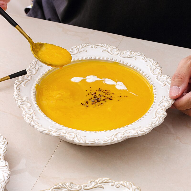 French Royal Crown Embossed Ceramic Dessert Cake Steak Plate Art Crokery Dinnerware Oval Soup Fish PLate 10/12 Inch