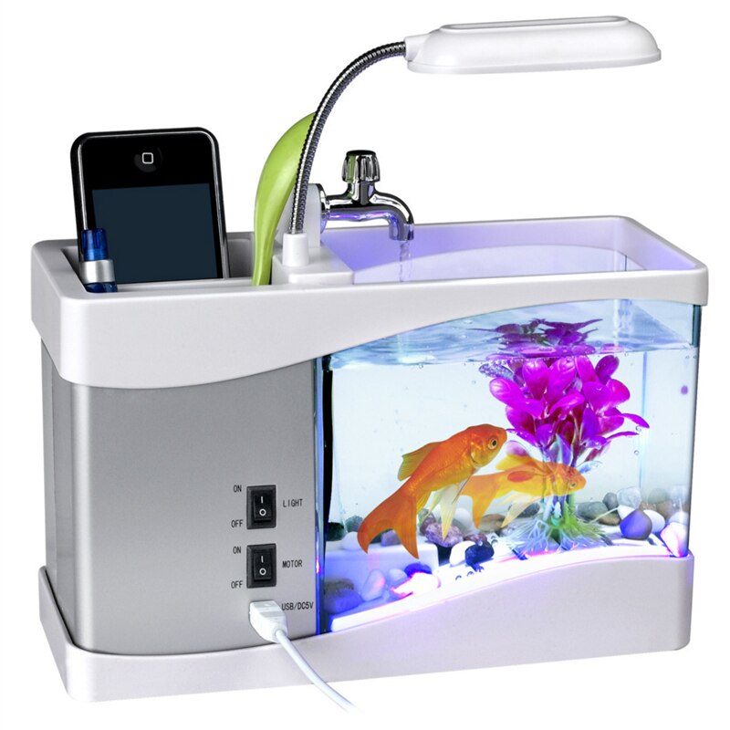 Minitanque de escritorio USB para acuario, reloj con temporizador LCD, luz LED, alarma, negro/blanco