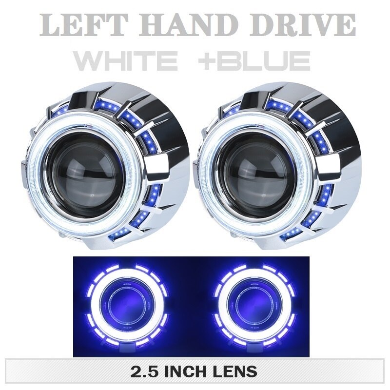 Lente de proyector Bi Led de doble Ojo de Ángel, 3,0 y 4,0 pulgadas, blanco, rojo, azul, Ojo de Ángel, readaptación H7, conjunto de Faros para automóvil, H4, 2,5: 2x LHD White Blue