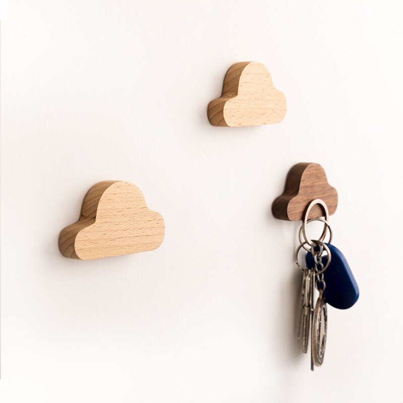 idYllife 2pc Set Wood Key Hooks Magnetic Cloud Lightening Home Decoration Wall Magnet Vestibule Keyring Holder Organization Rack