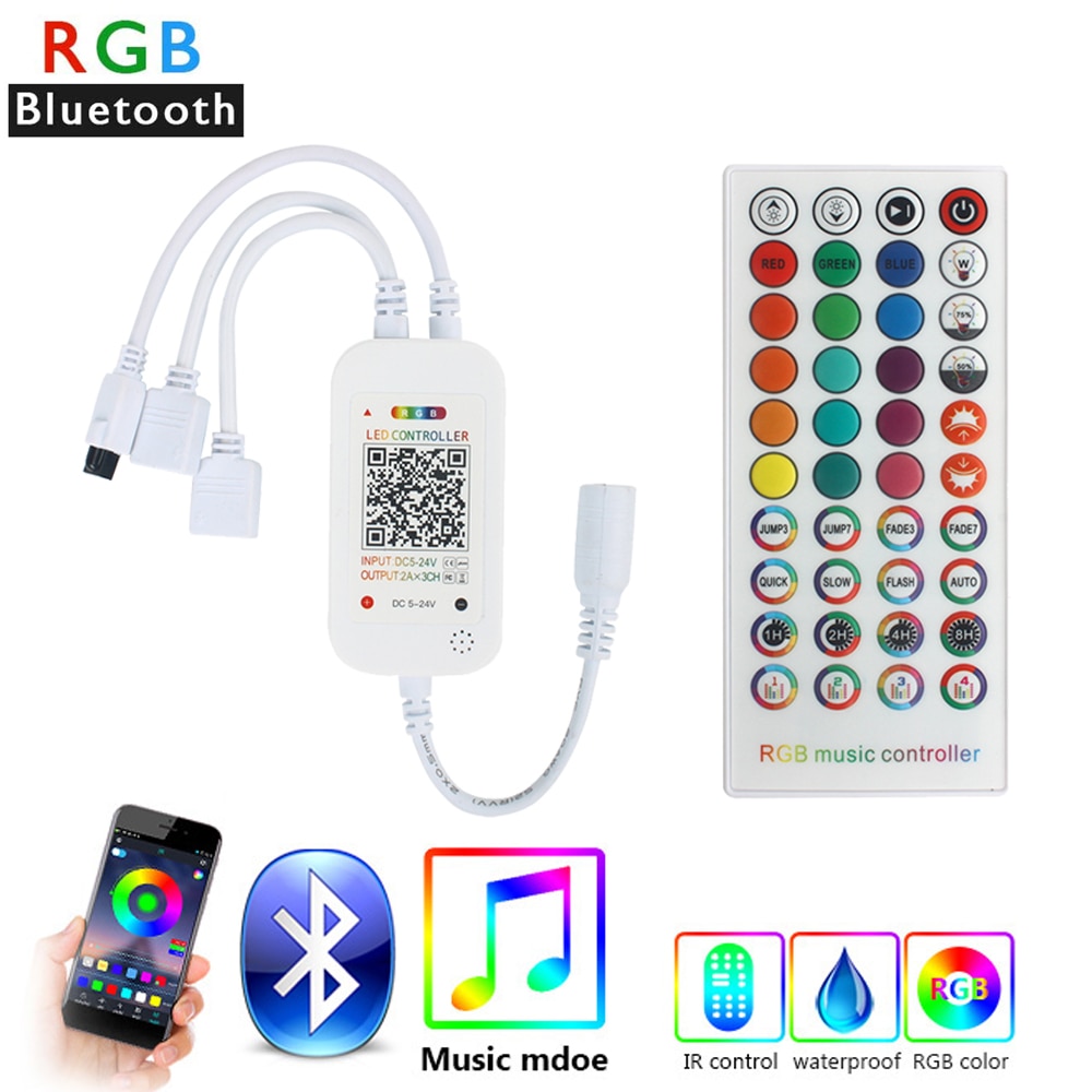 Bluetooth musikk rgb ledet kontroller Dobbel signal lydsensor med  ir 40 nøkler til 5050 3528 ledet rgb stripe lys ios / android  dc5v-24v